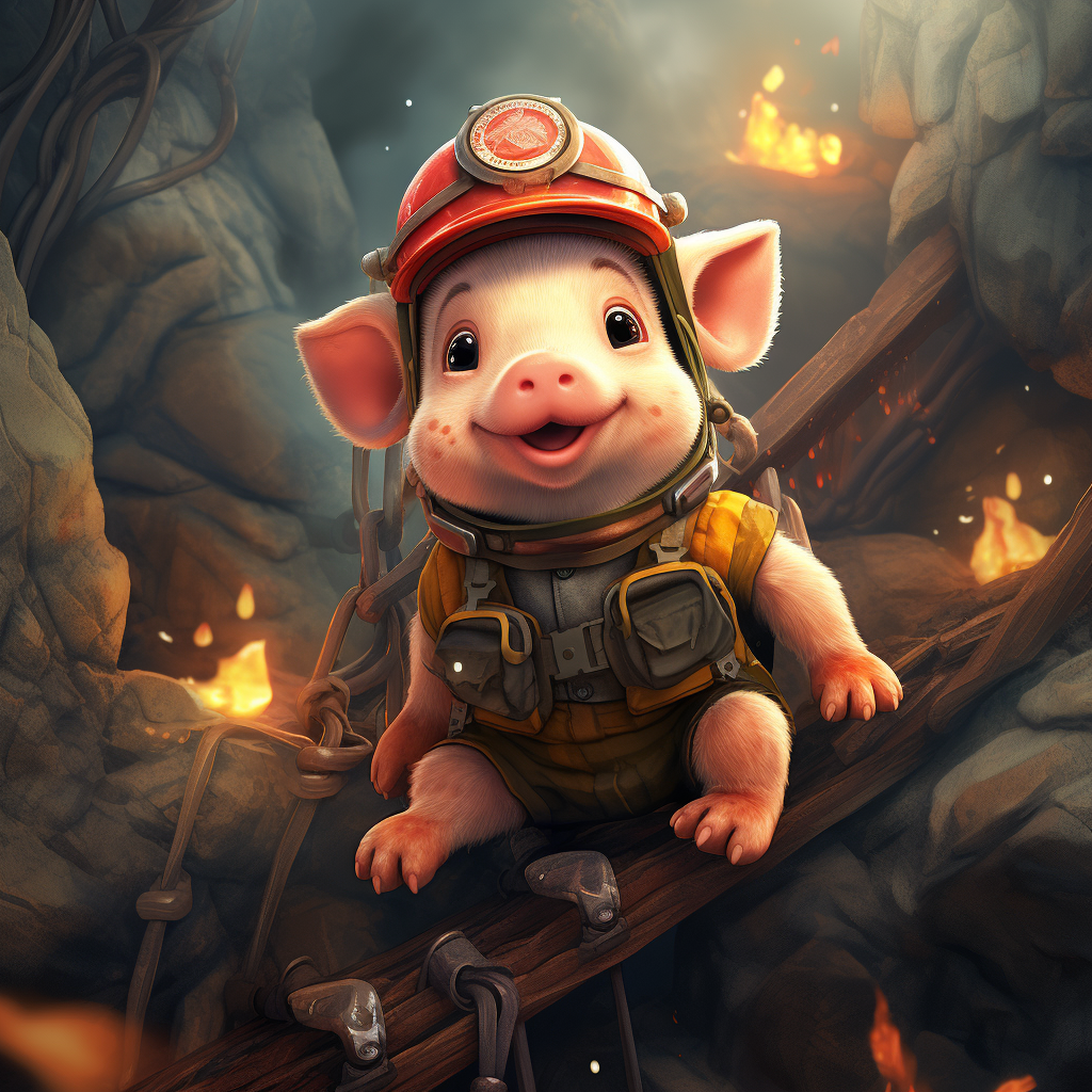 Cute piggies climbing mountain, with firefighter gear