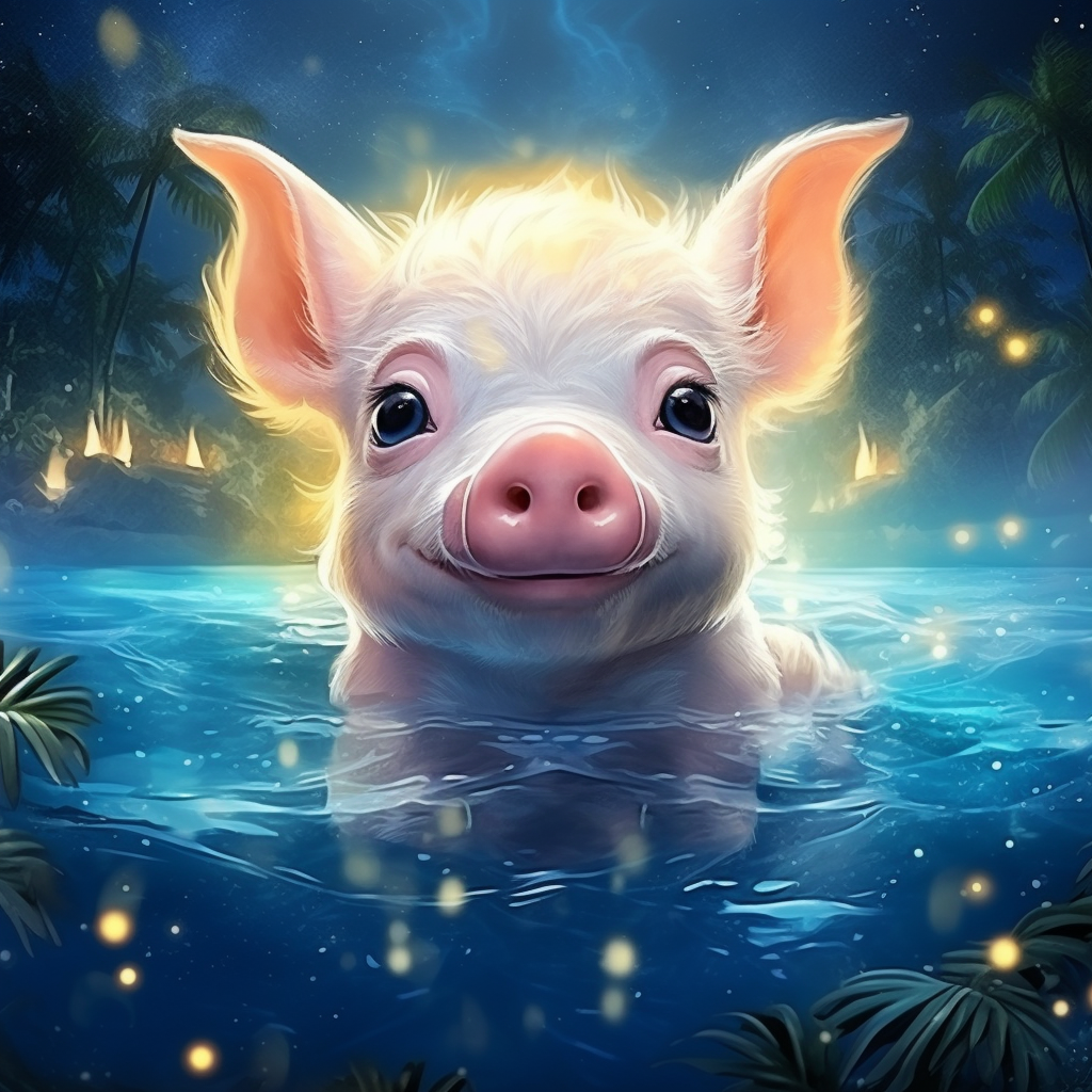 Cute piglet swimming in tropical bay