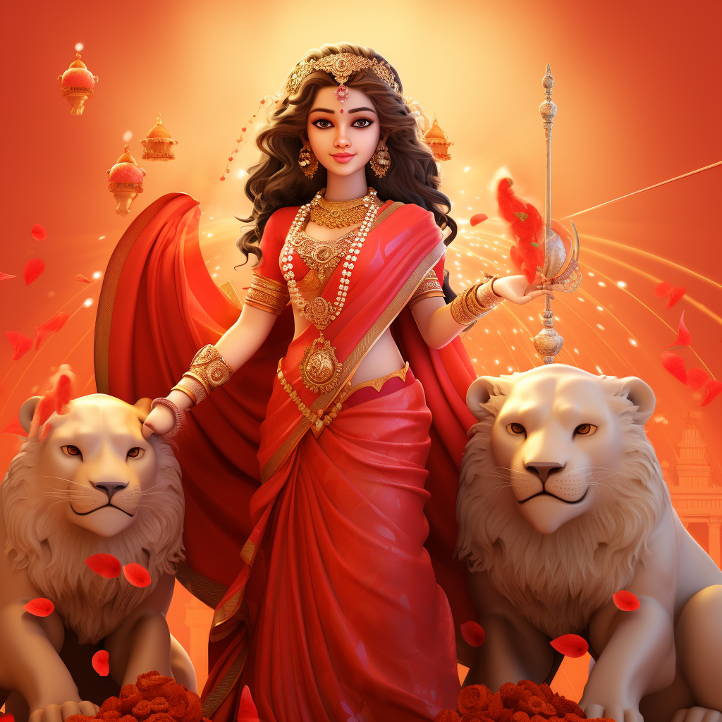 Pixar Style Lord Durga Red Saree Lion