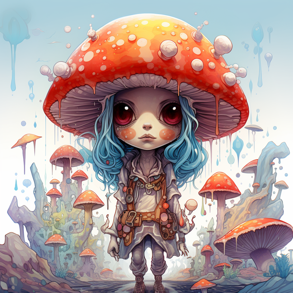 Cute playful mushroom humanoid manga illustration