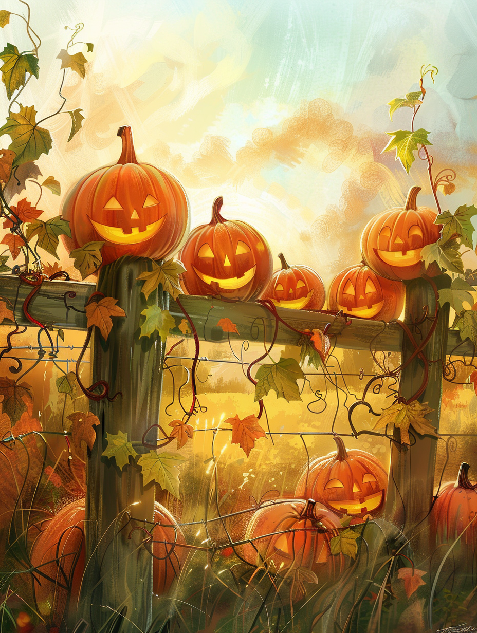 Pumpkins on Wooden Fence