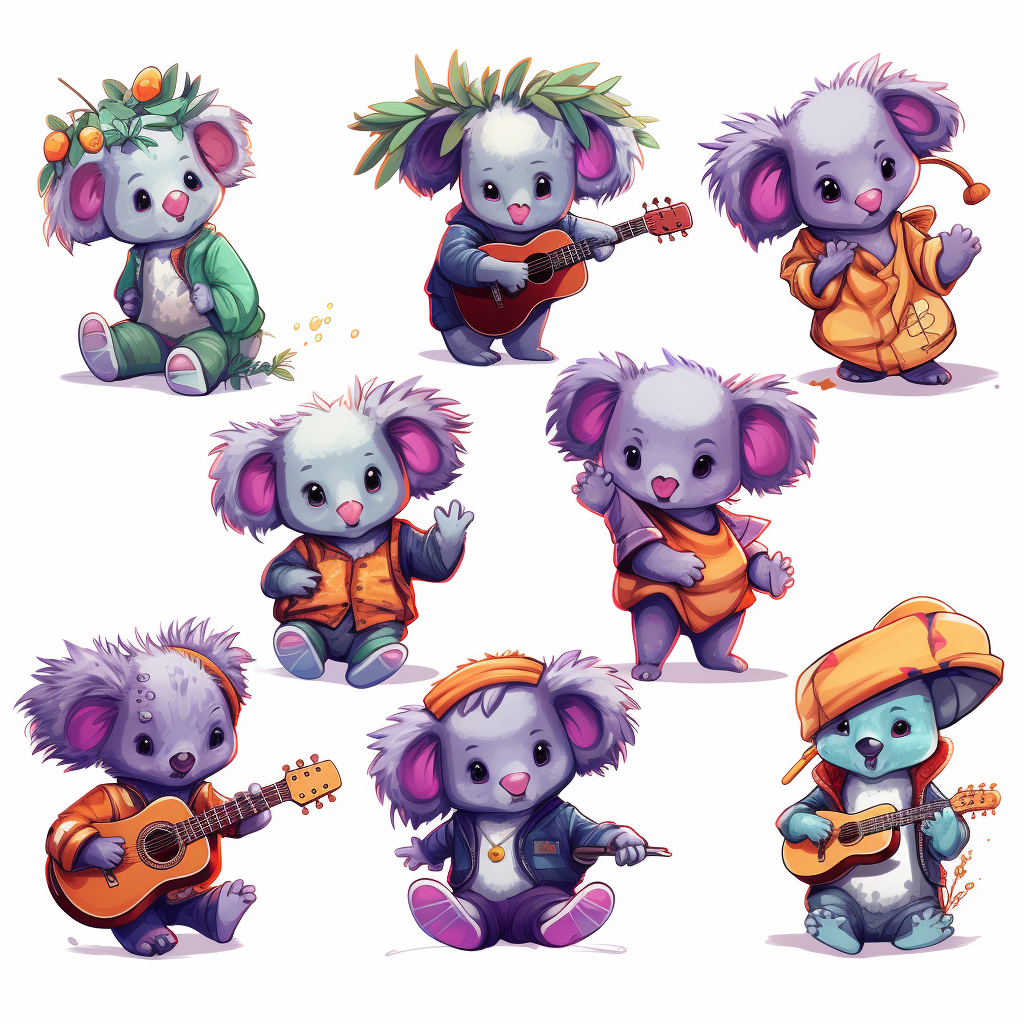 Colorful punk-style koalas on white background