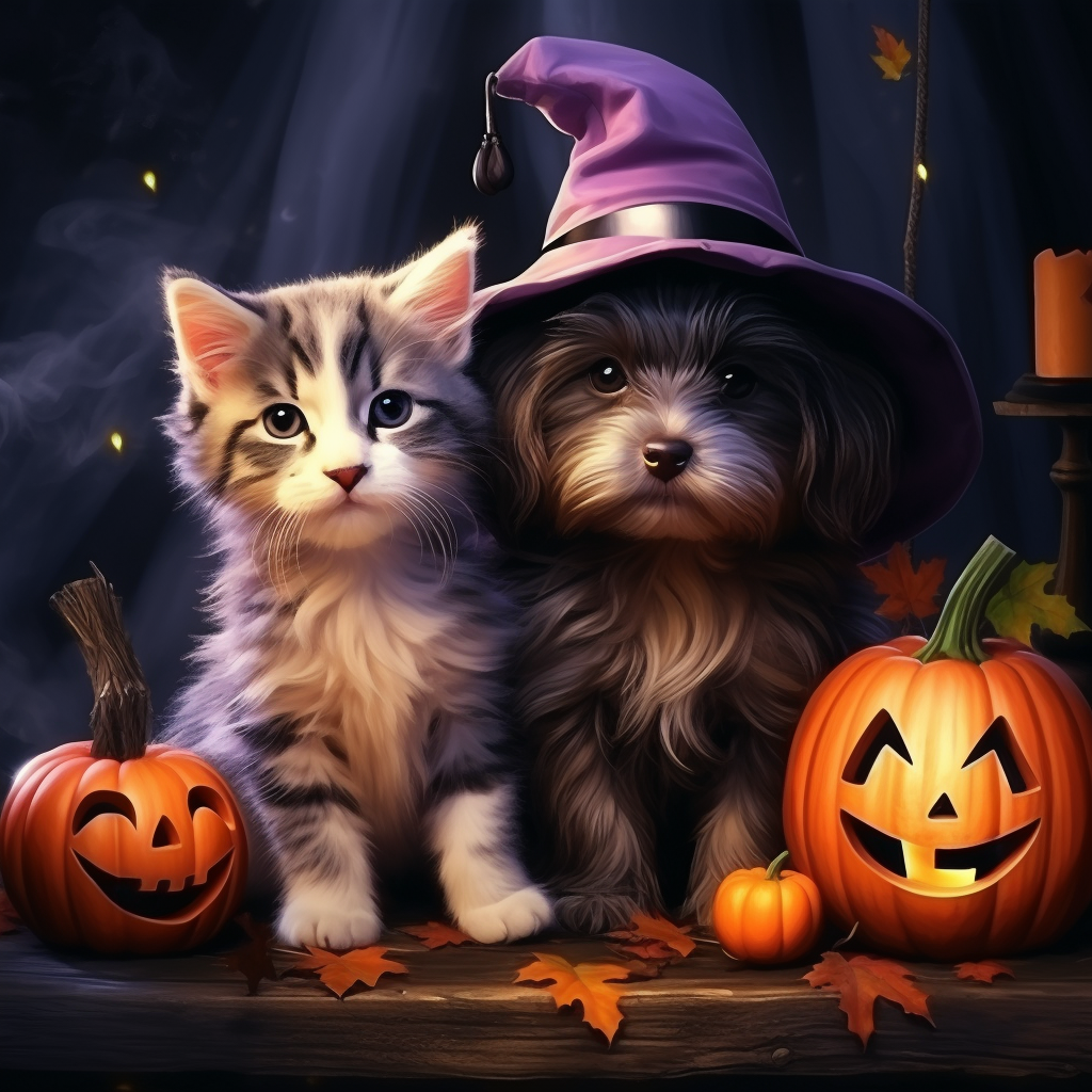 Adorable puppy and kitten in witchy decorations