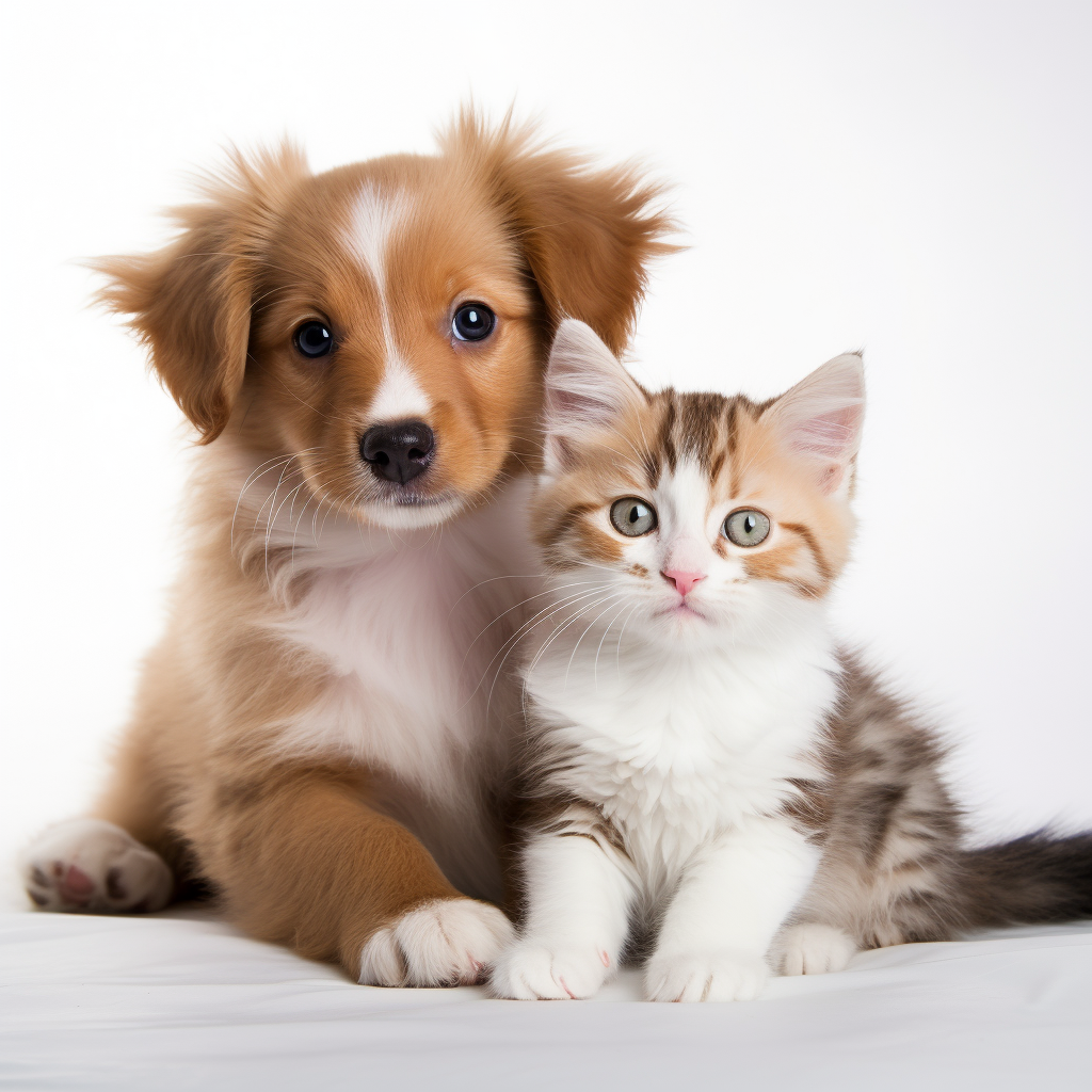 Lovely puppy and kitten playing together