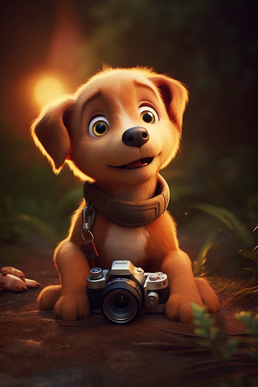 Cute puppy photographer in Pixar style