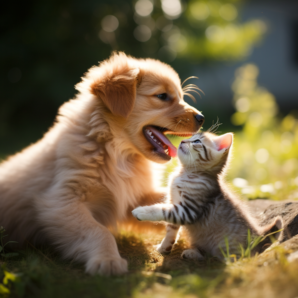 Cute puppy and kitty playing together