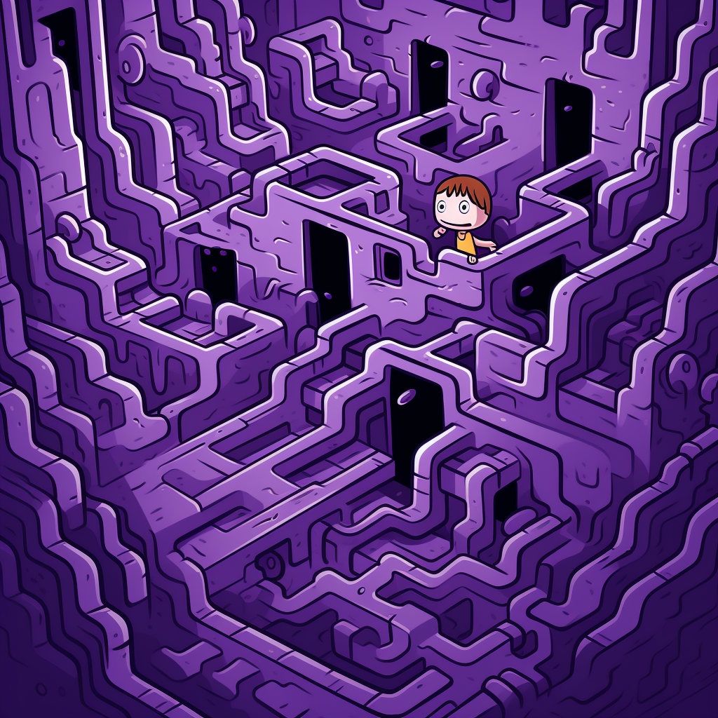 Cute purple comic character in maze