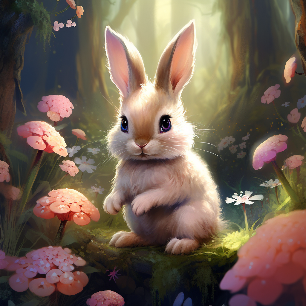 Cute rabbit in forest with flowers