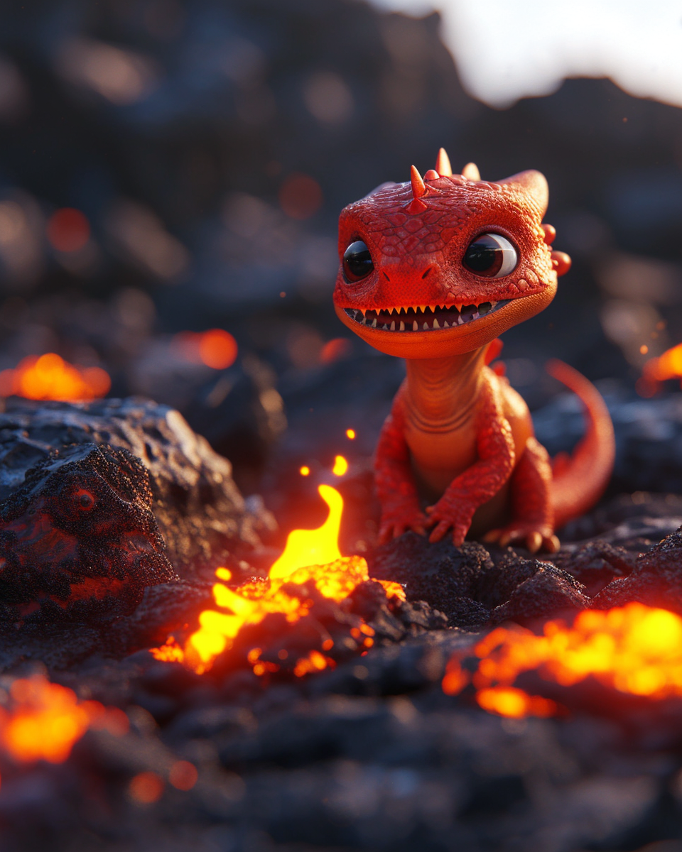 Cute red baby dragon with flame on molten rocks