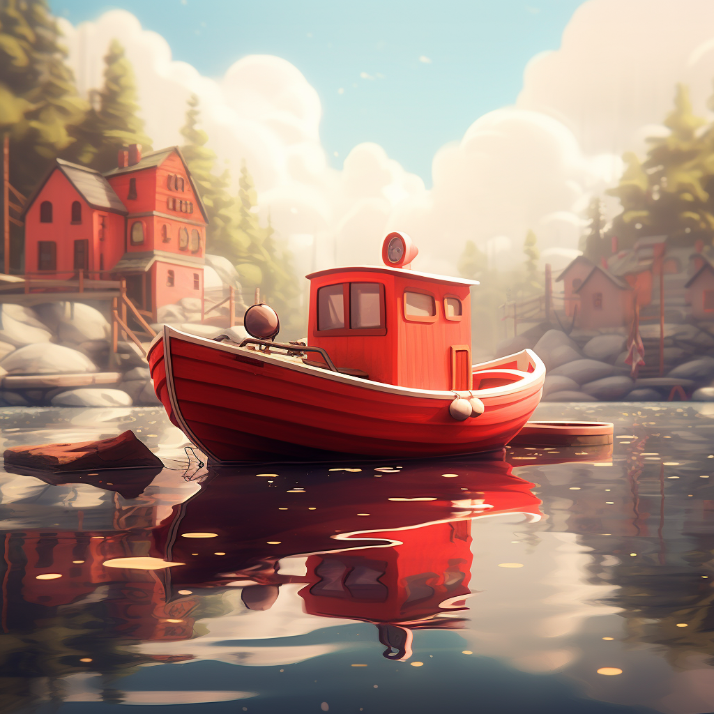 A cute red boat gracefully floating on a river