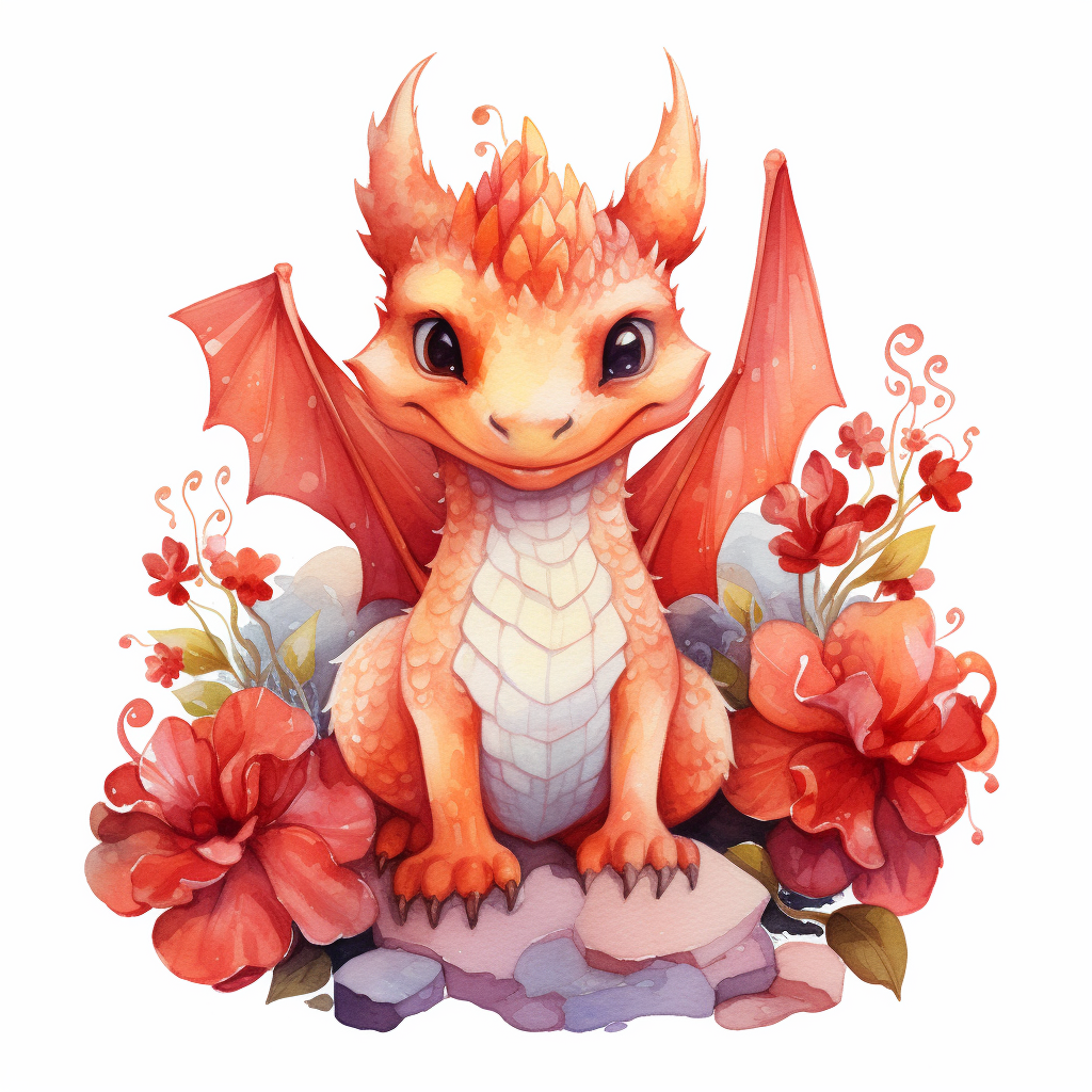 Cute red dragon surrounded by watercolor flowers