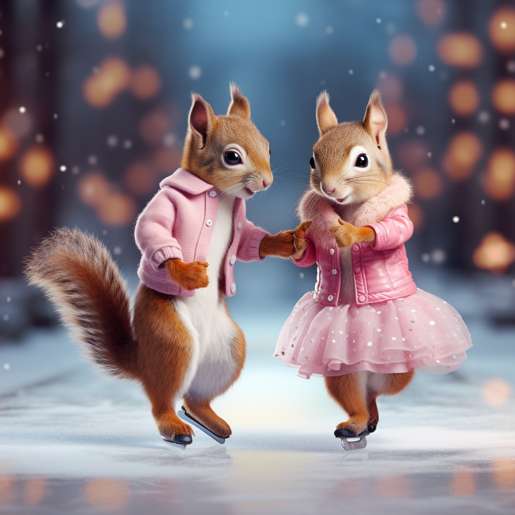 Two cute red squirrels ice dancing