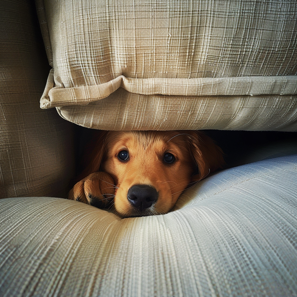 Adorable Golden Retriever Puppy Under Sofa