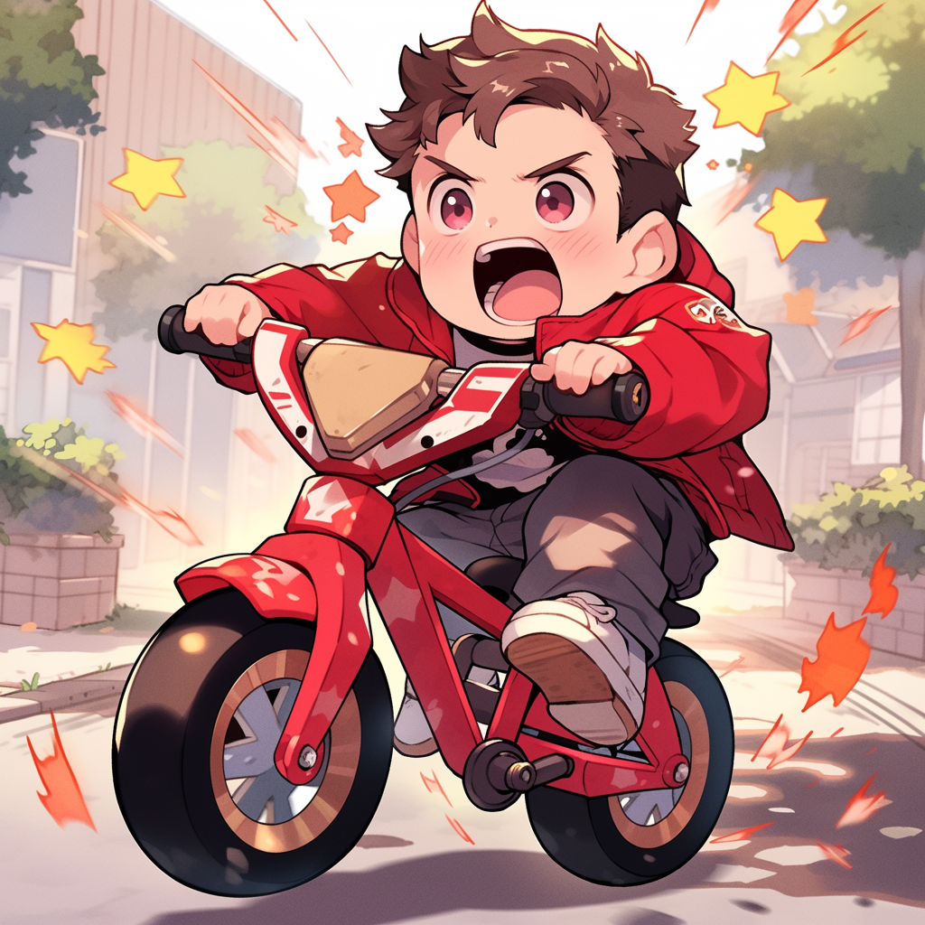 Cute rich father riding a bicycle chibi anime style