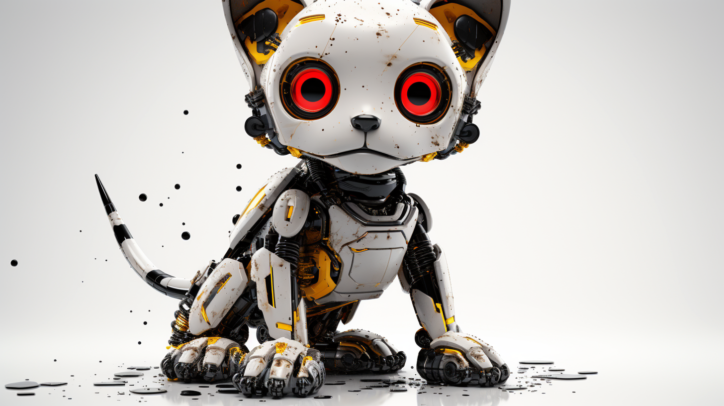 Photorealistic cute robot kitten with black, white, and yellow accents