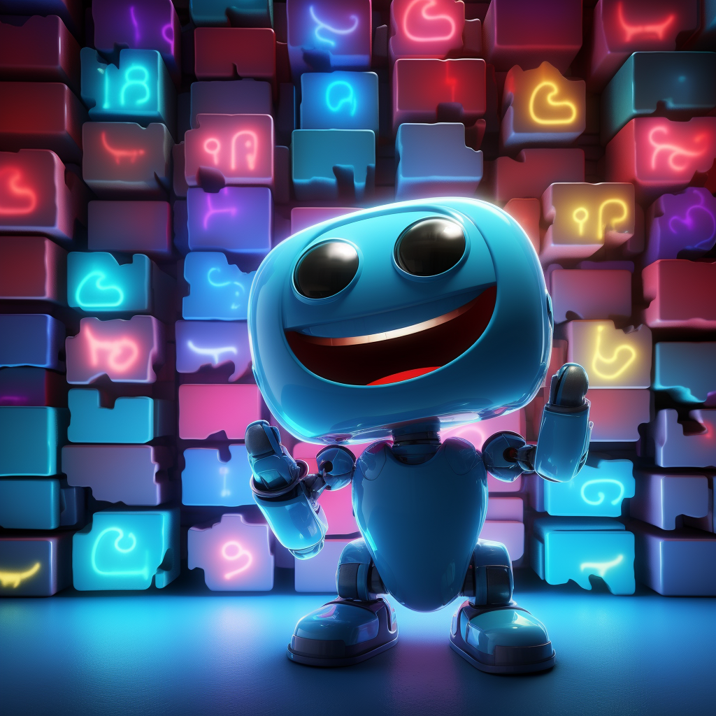 Smiling cute robot stacking wall pieces