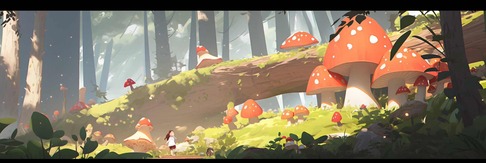 Lush landscape with red mushrooms