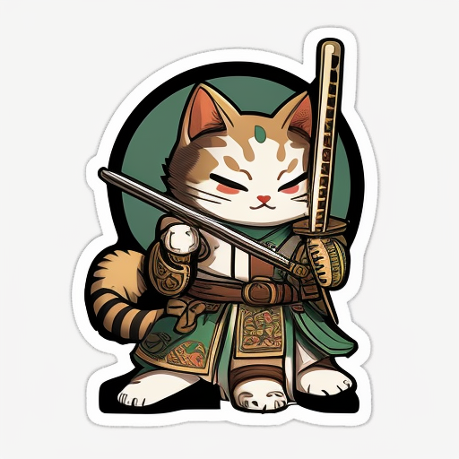 Cute samurai cat sticker with nunchaku