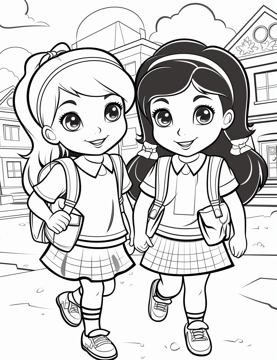 Two cute schoolgirls coloring cartoon