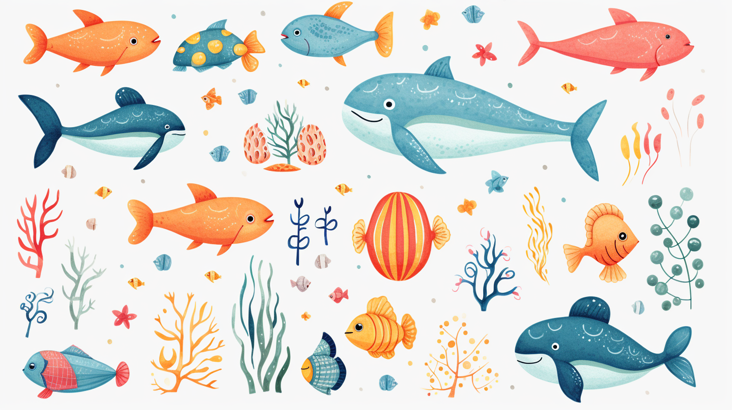 Cute sea animals in a sweet and comic style