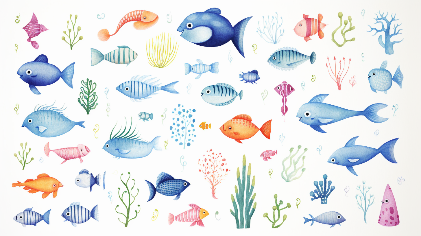 Cute sea animals on white background