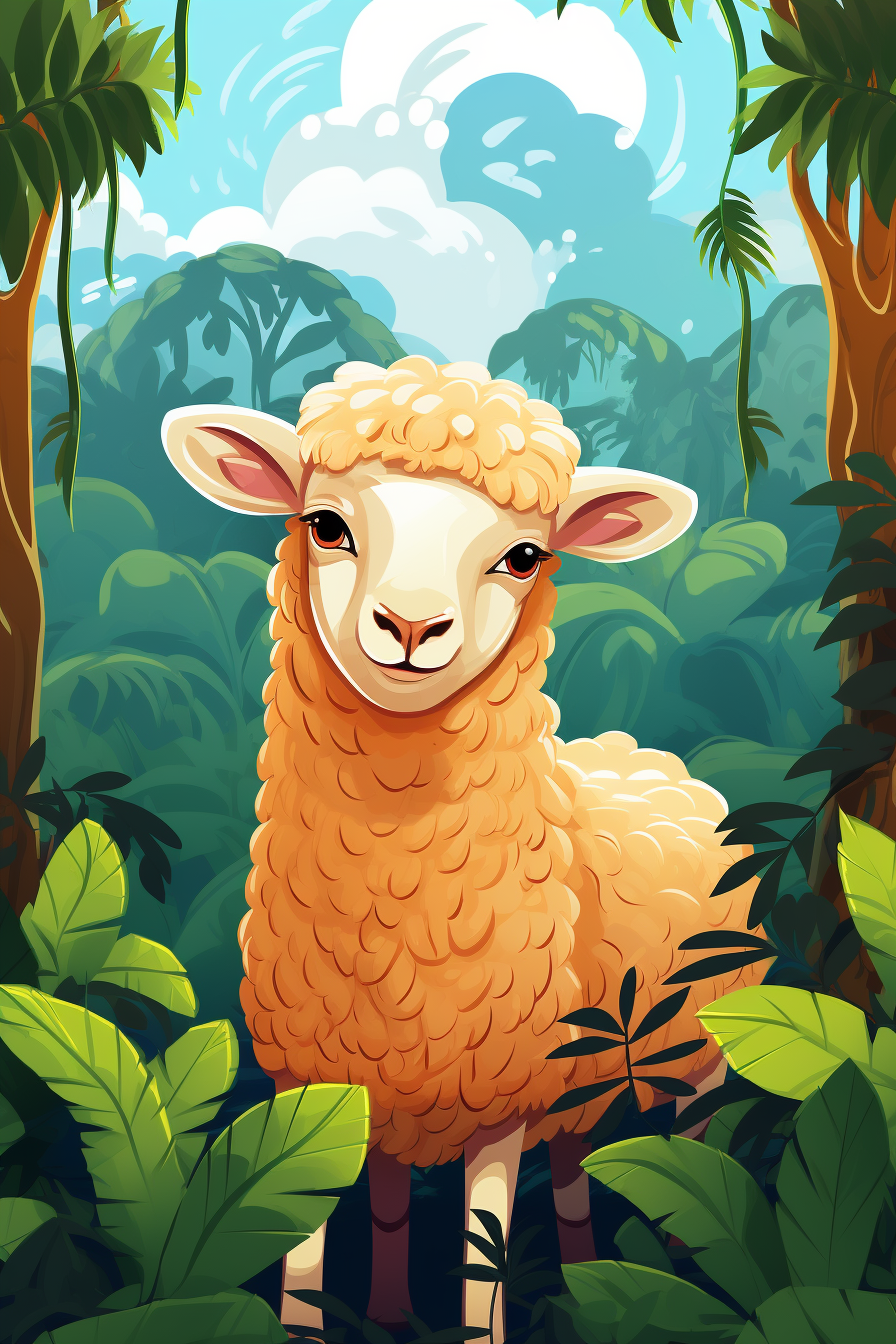 Cute sheep in jungle cartoon