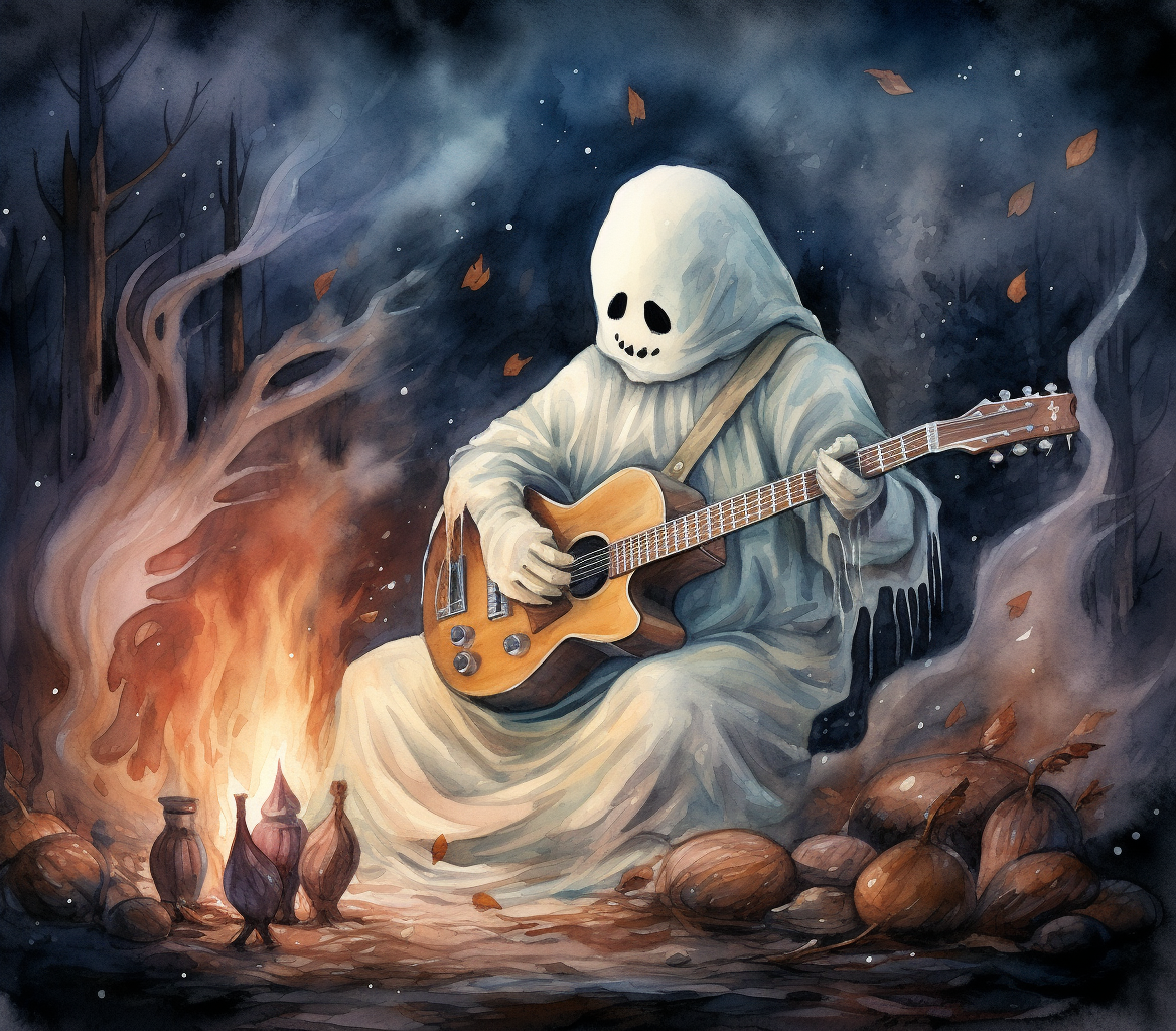 Cute sheet ghost playing guitar at a campfire