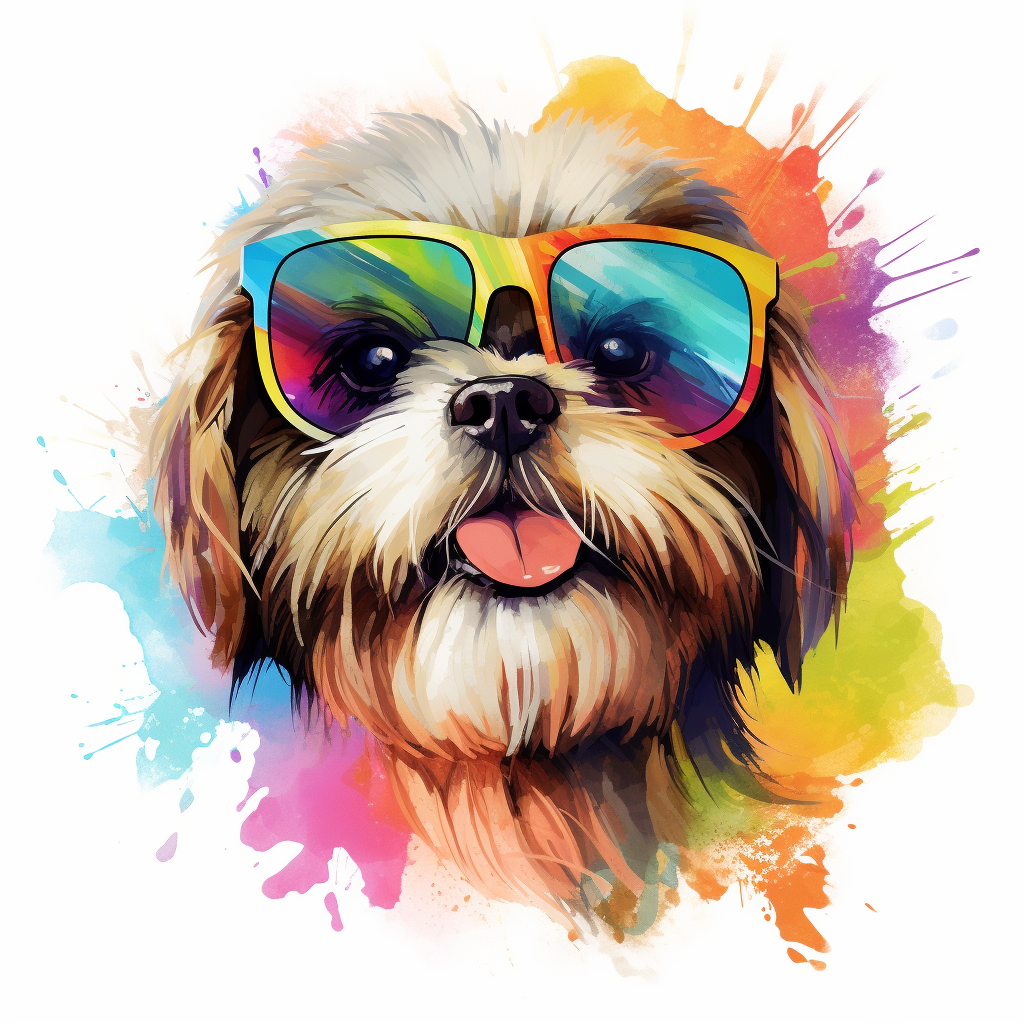 Cute Shih Tzu wearing sunglasses in colorful T-shirt design