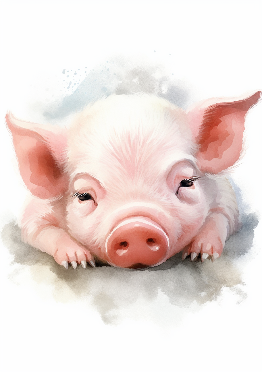 Sleeping baby pig watercolor kawaii style