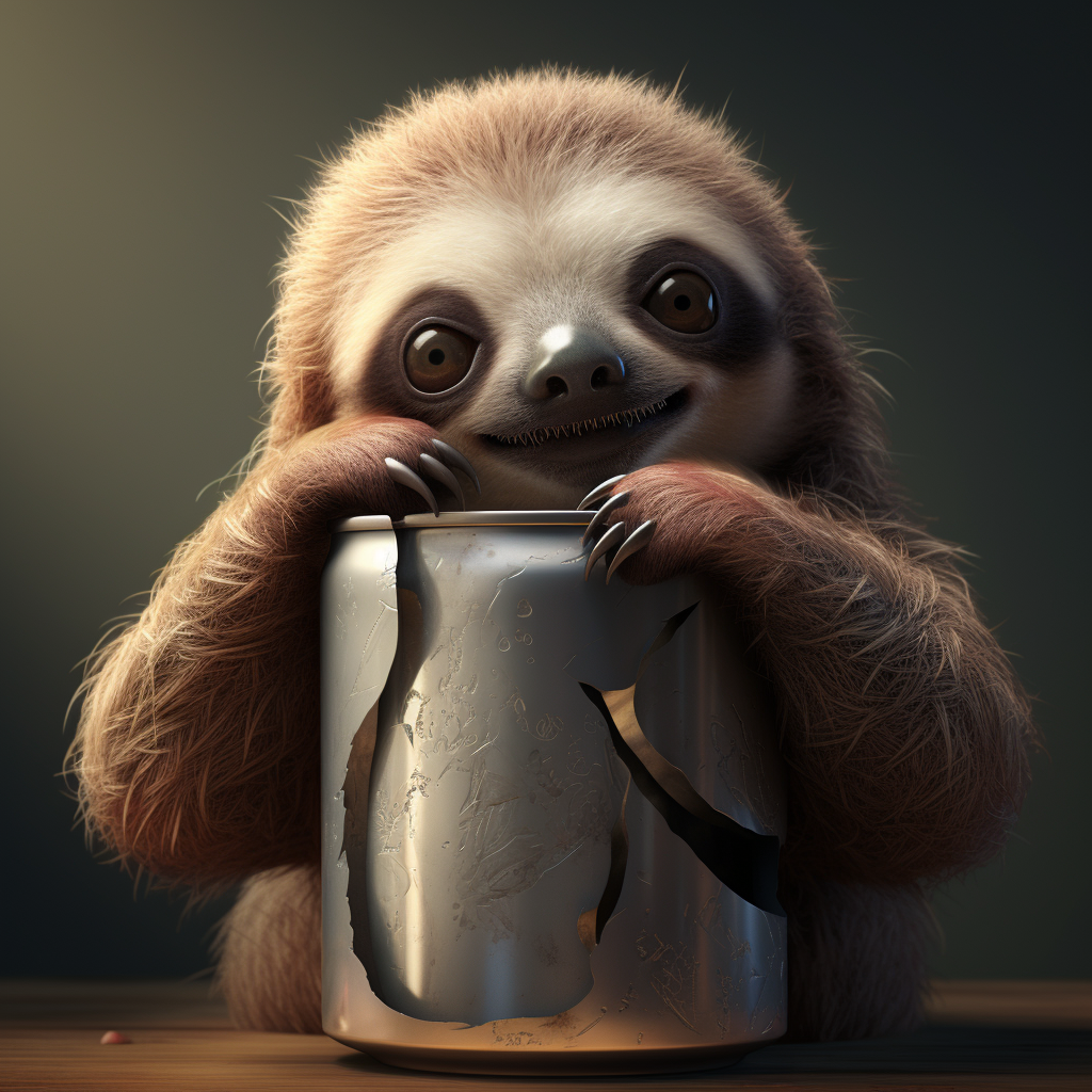 Cute sloth drinking from can