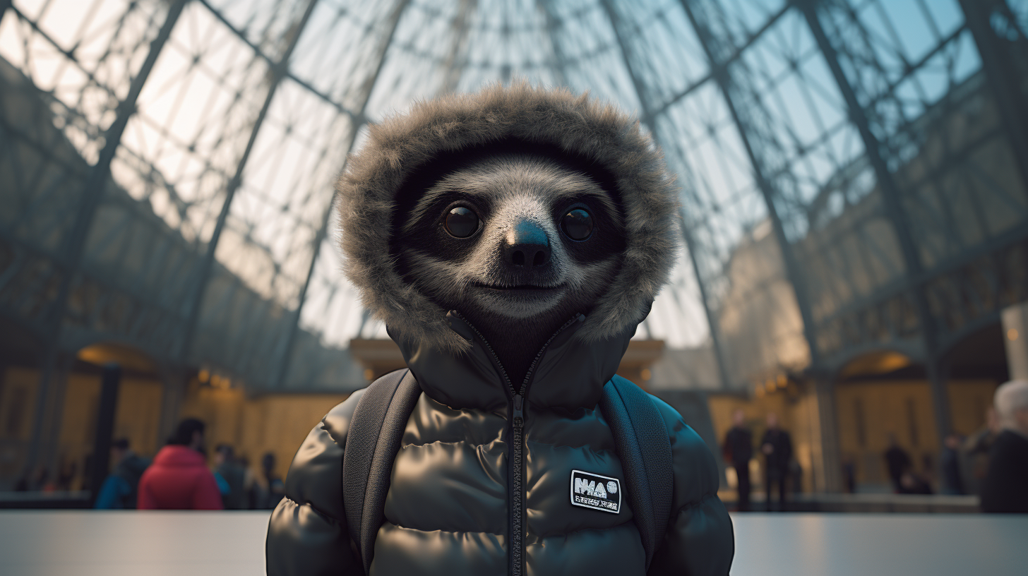 Cute sloth tourist wearing black Patagonia jacket