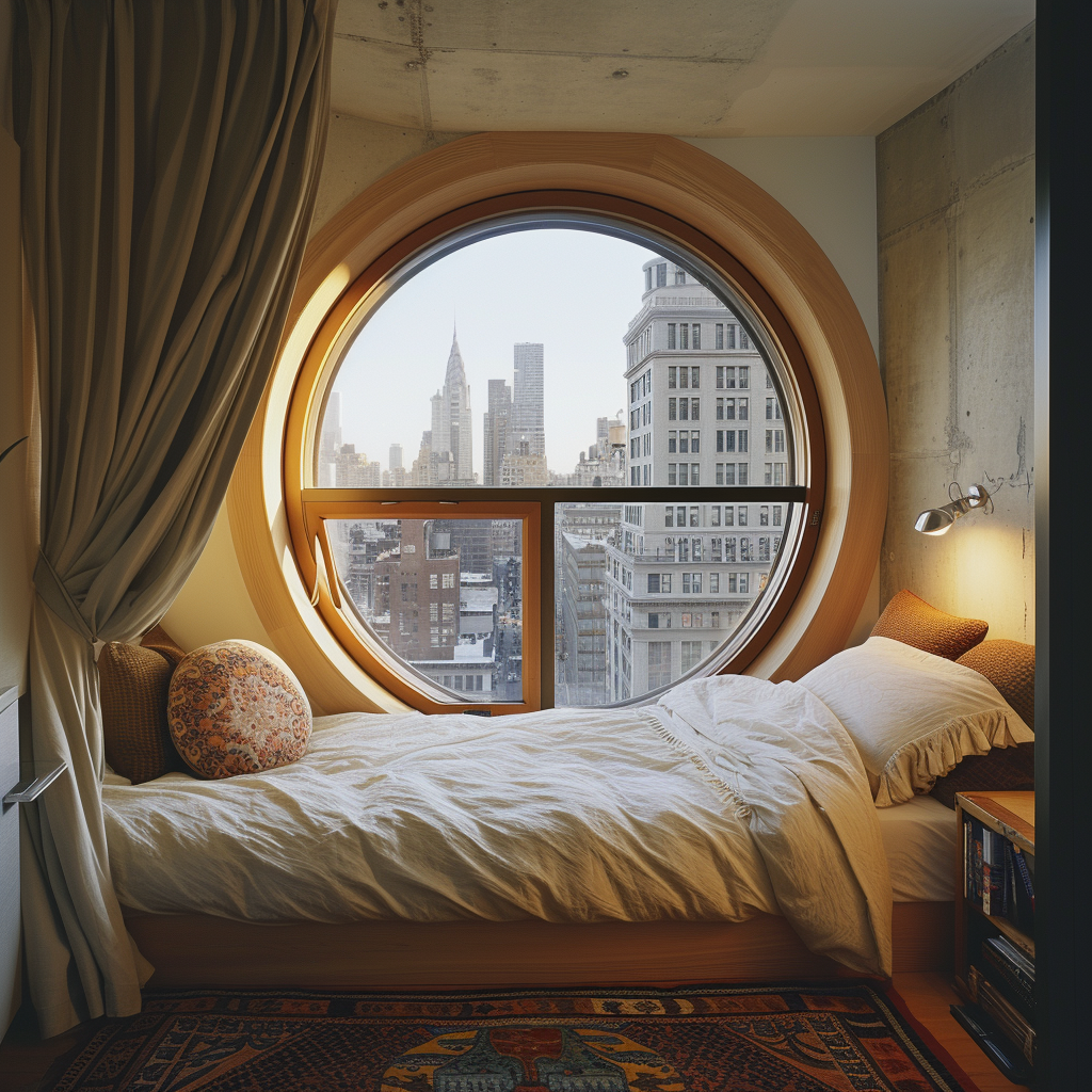 Cute small bedroom with big tall round window