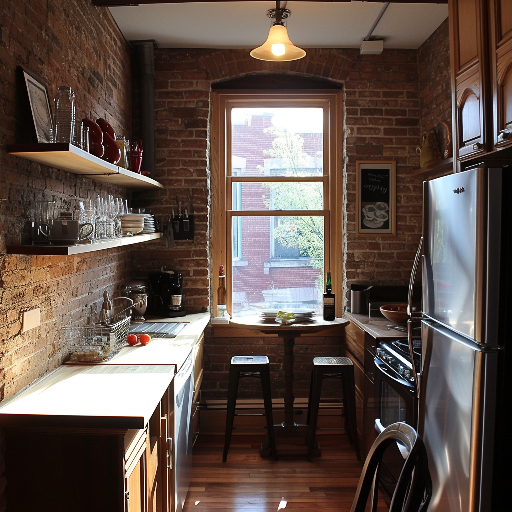 Cute small kitchen with brick walls and window