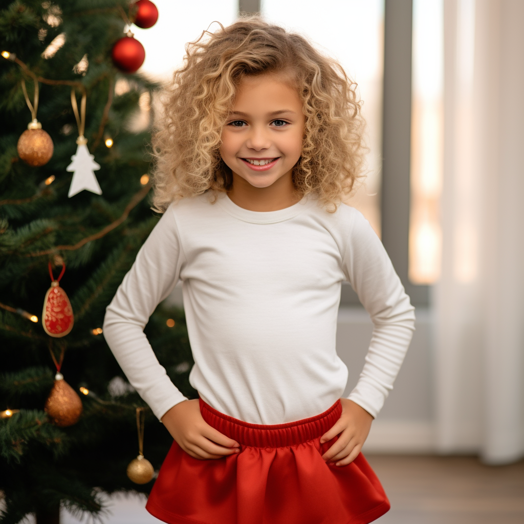 Smiling girl in front of Christmas tree