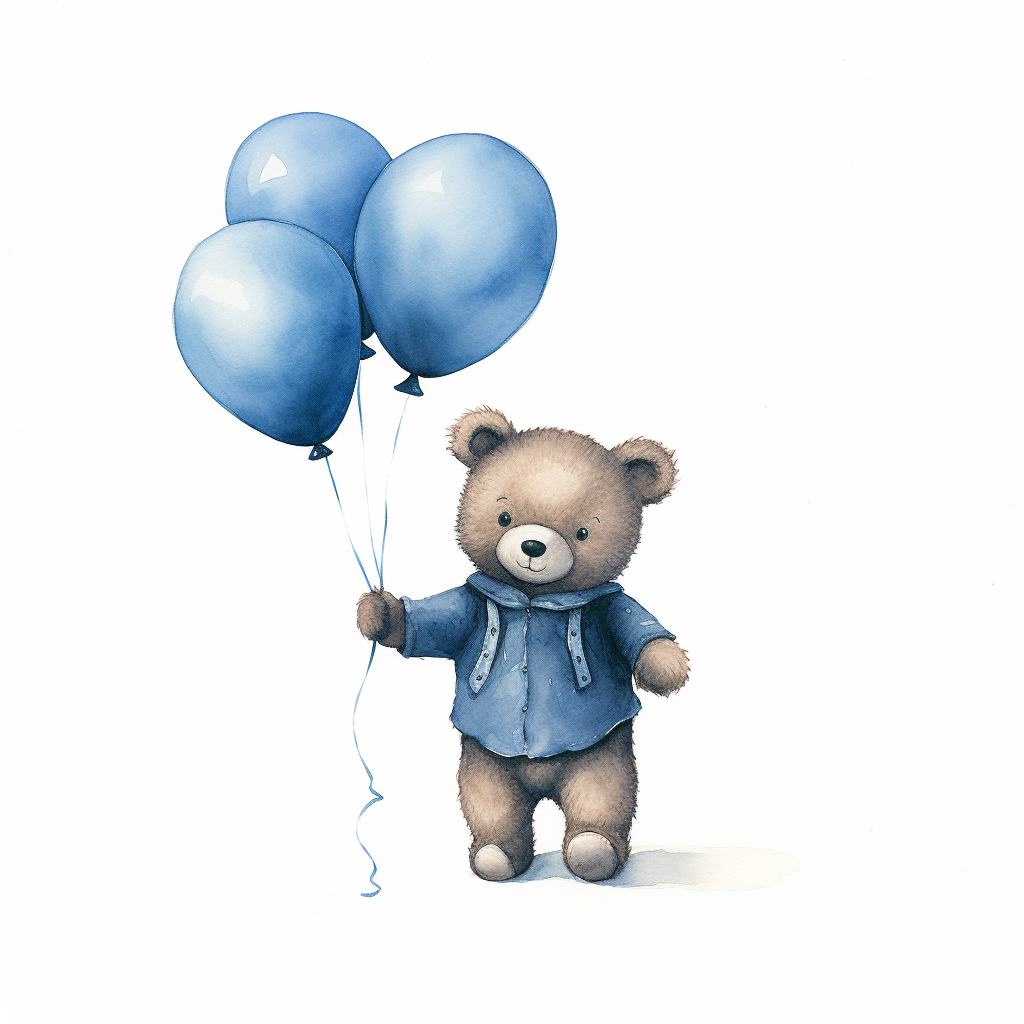 Cute baby bear in denim holding blue balloons