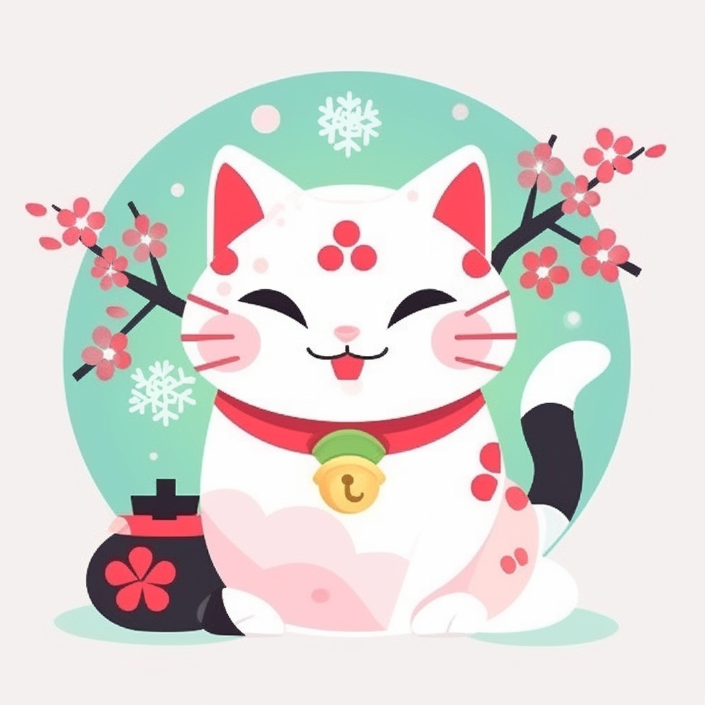 Colorful Vector Illustration of Cute Smiling Snow Manekineko Cat