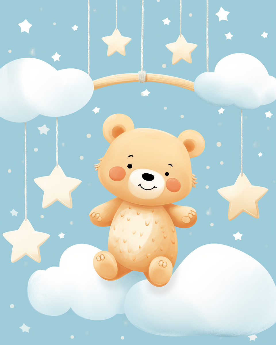 Teddy bear swinging in clouds with stars