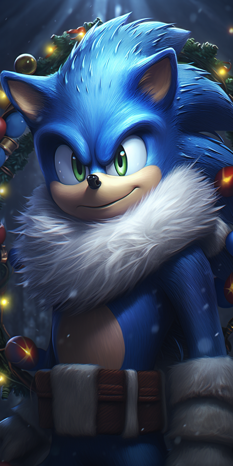 Close-up of cute Sonic character in a snowy Christmas scene