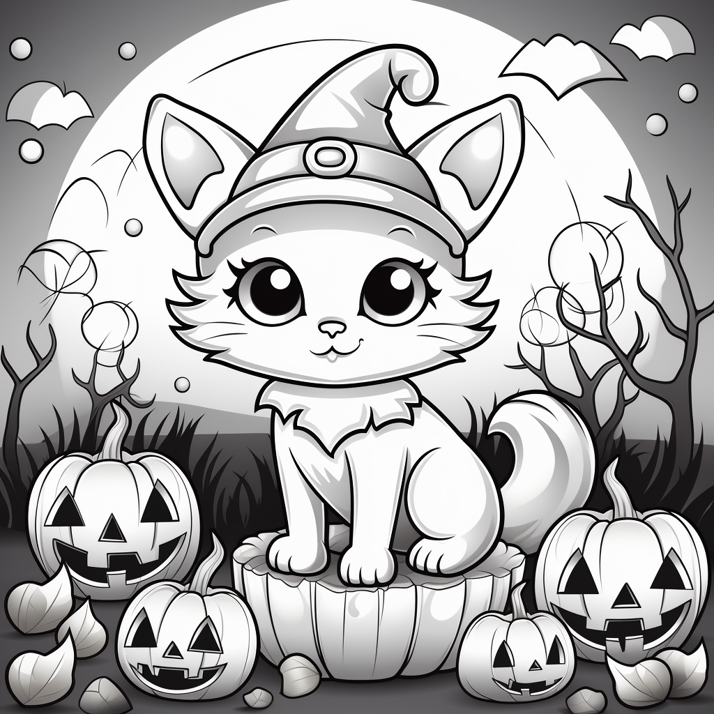 Cute Halloween coloring page with cat and pumpkins