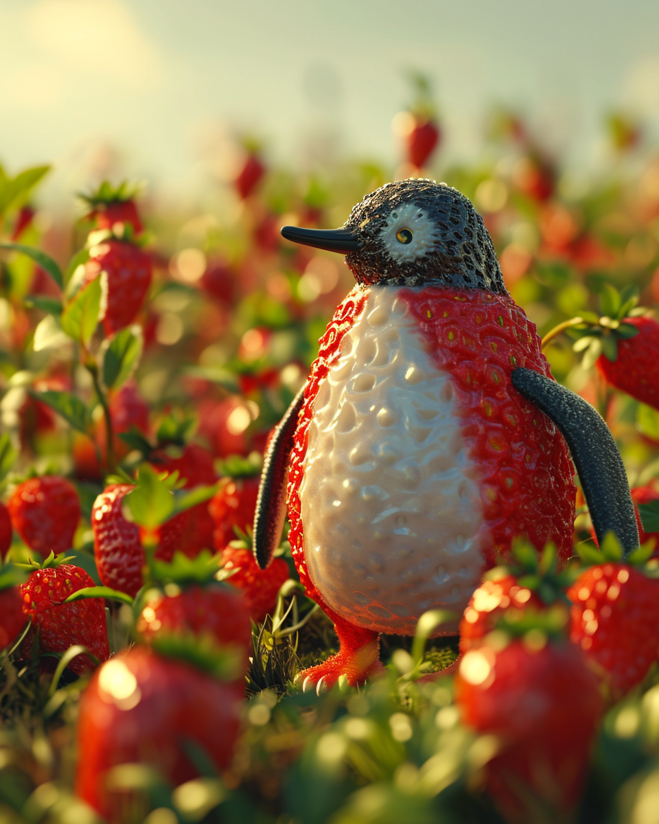 Cute strawberry penguin in strawberry field