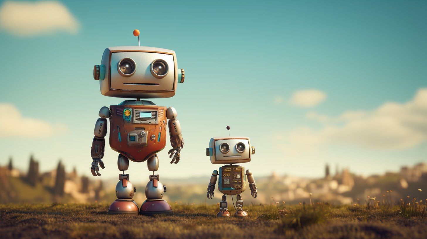 Tall cute robots in realistic photo