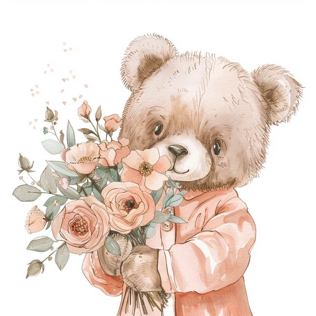 Cute Teddy Bear with Flowers Clipart