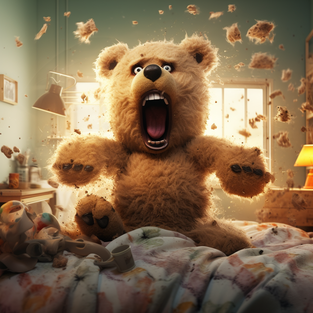 Cute Teddy Bear hitting Monster with Pillow