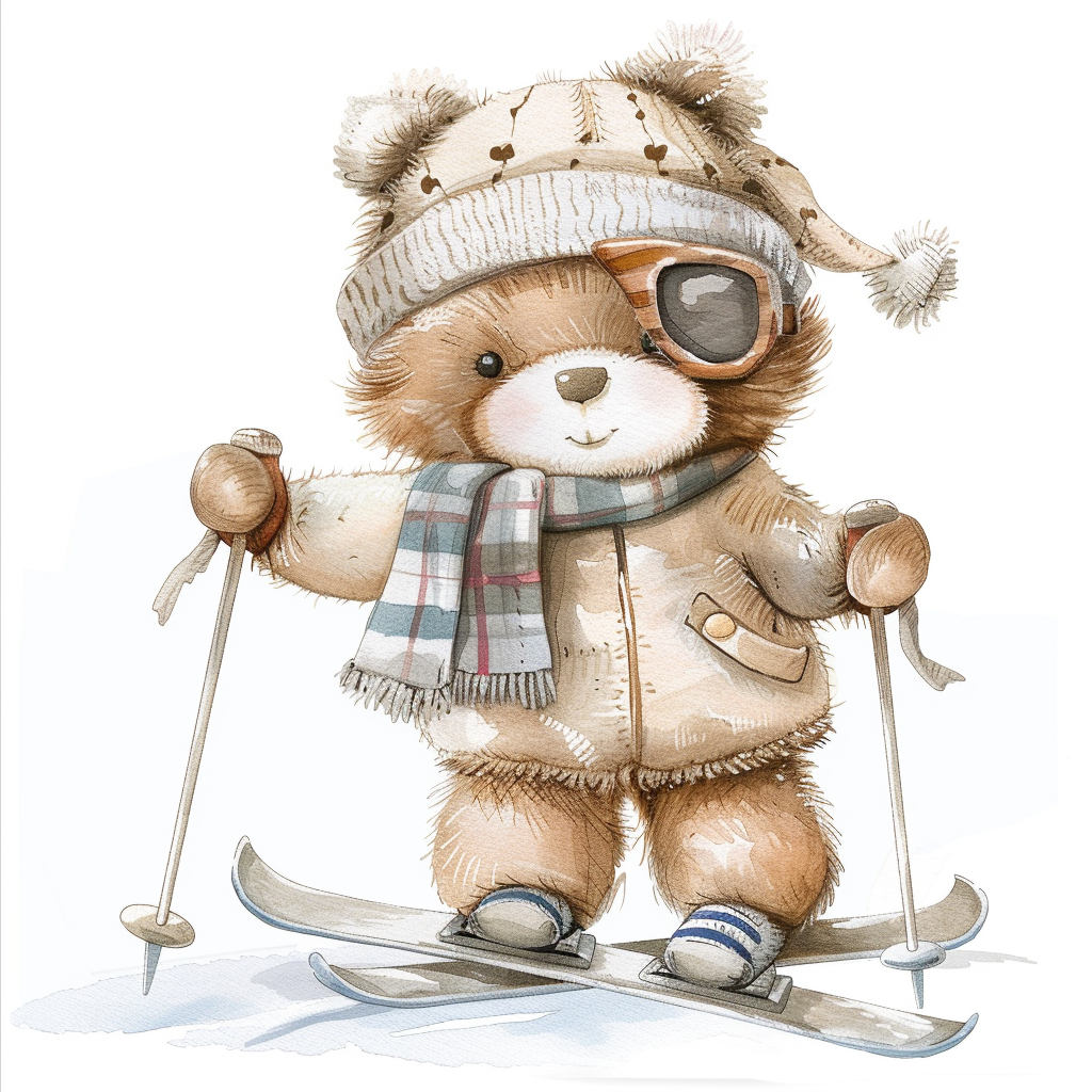 Teddy bear skiing in winter