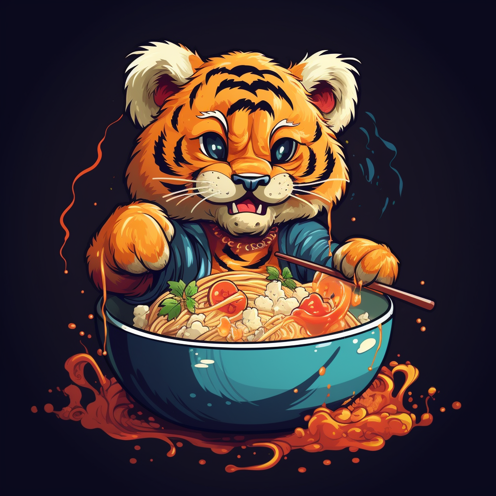 Cartoon tiger enjoying spaghetti from a bowl