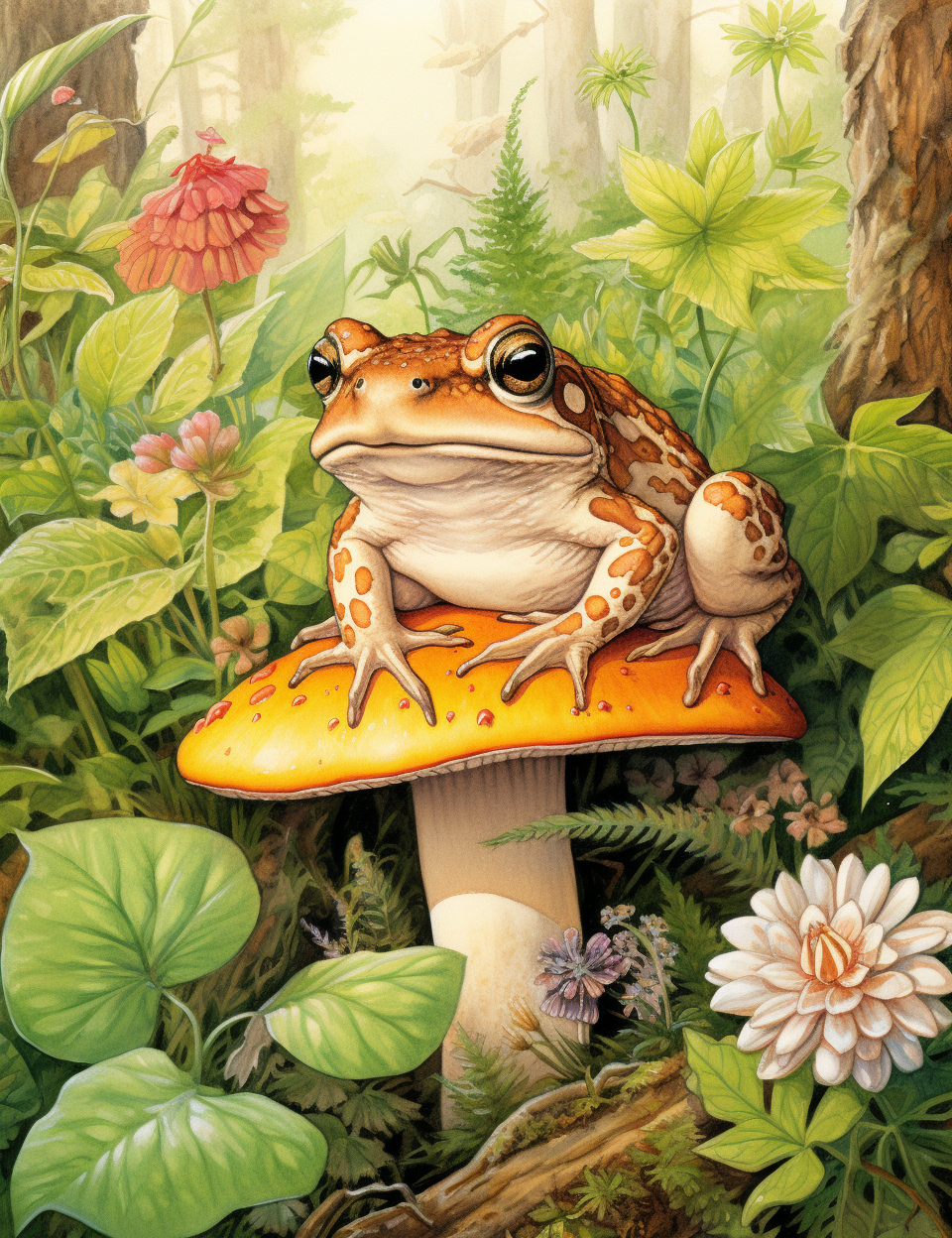 Cute toad in green woodland forest