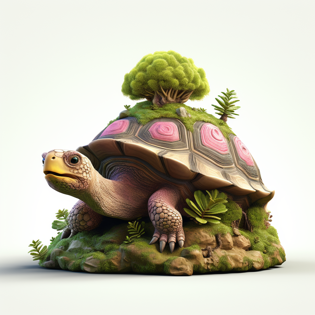 Cute tortoise with tree and moss