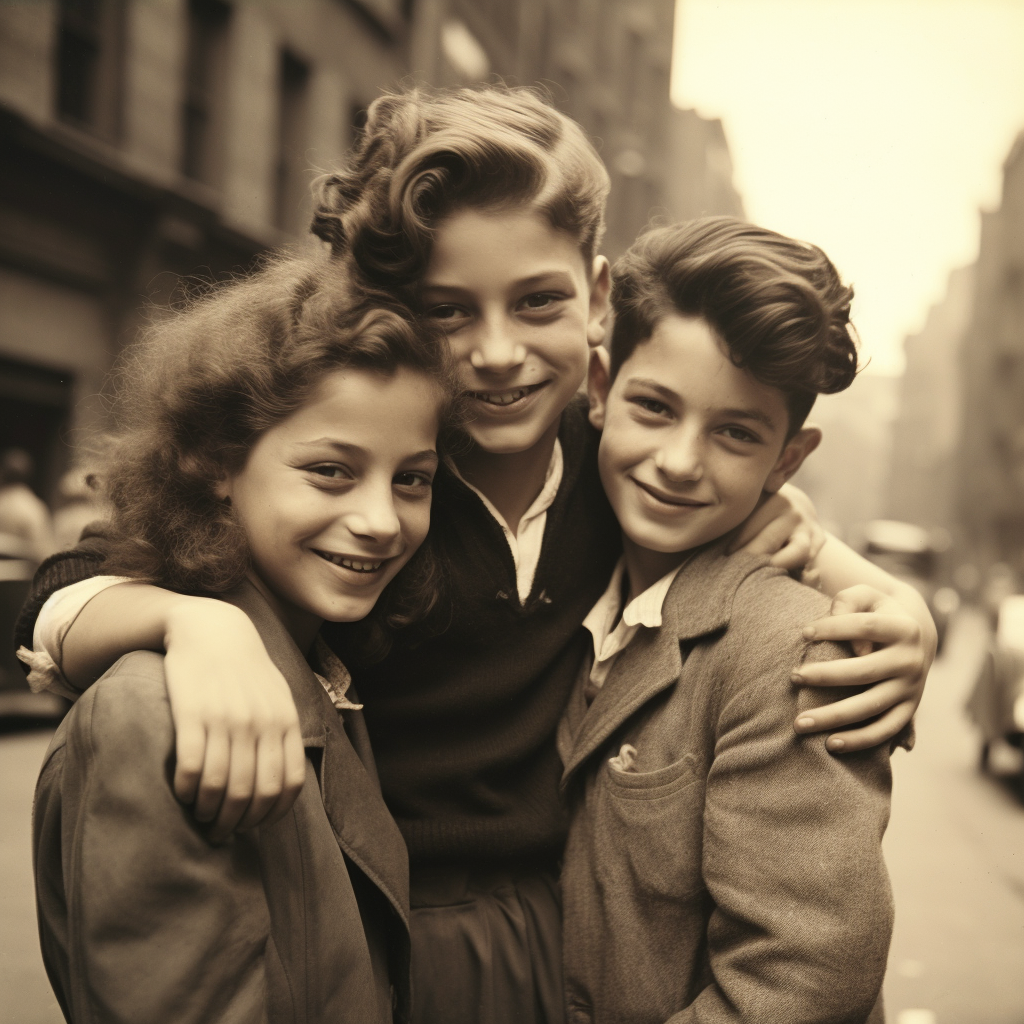 Smiling teenagers hugging on vintage street background