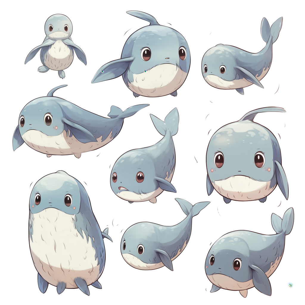 Cute whale with big eyes and feathers