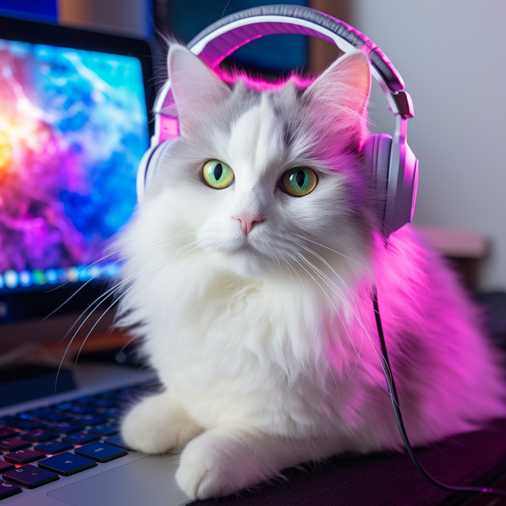 Cute white cat with blue eyes wearing headphones